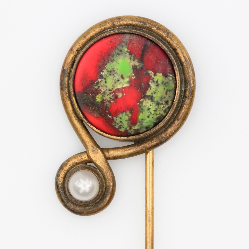 Antique Art Deco Stick Pin Mottled Red Green Czech Glass Simulated Pearl 1920s